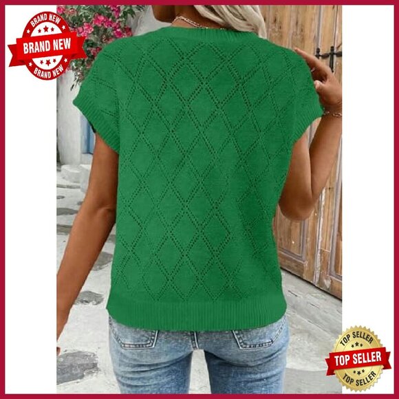 Cable Knit Short Sleeve Sweater Lightweight Pullover Loose Fit - Picture 5 of 8